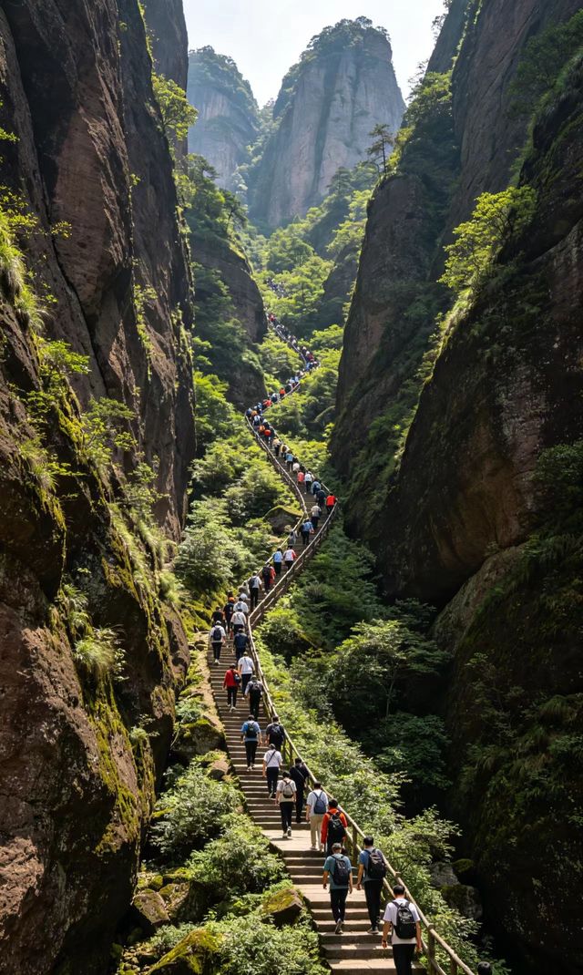 Stone stairs of the Xianxia ancient road winding up between the cliffs of Jianglang Shan.